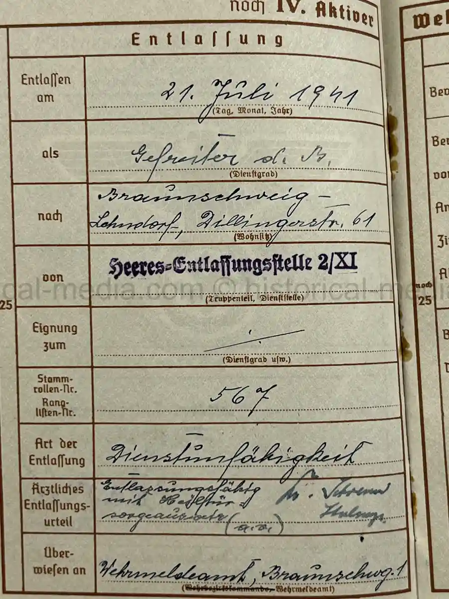 WEHRPASS – WALTER ADAM - 60. + 8. INFANTERIE DIVISION - POLENFELDZUG – WESTFELDZUG – VOLKSSTURM 1944