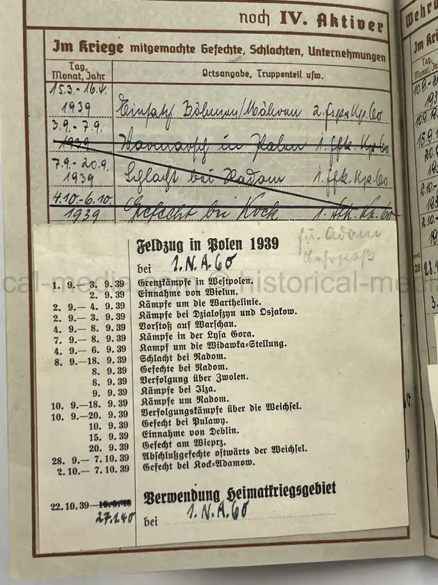 WEHRPASS – WALTER ADAM - 60. + 8. INFANTERIE DIVISION - POLENFELDZUG – WESTFELDZUG – VOLKSSTURM 1944