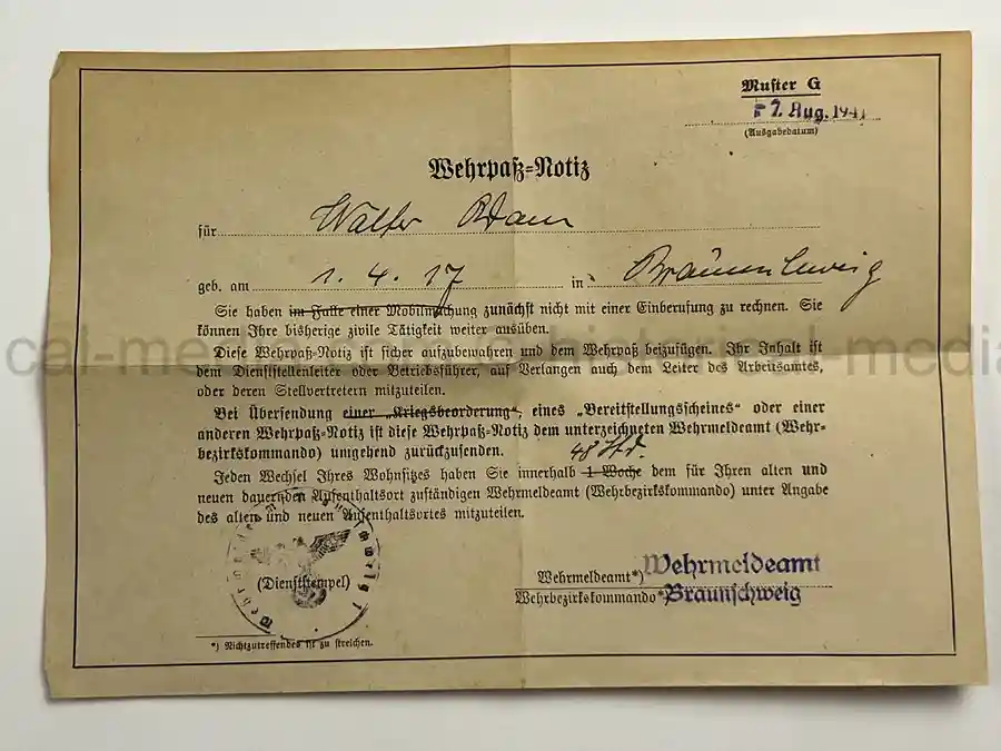 WEHRPASS – WALTER ADAM - 60. + 8. INFANTERIE DIVISION - POLENFELDZUG – WESTFELDZUG – VOLKSSTURM 1944