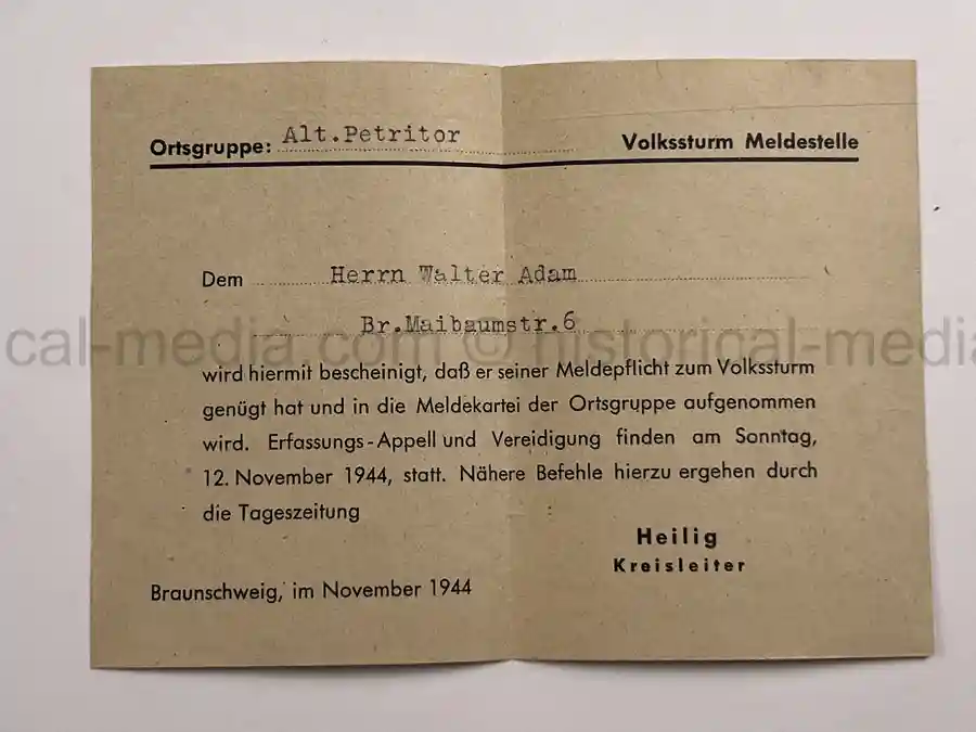 WEHRPASS – WALTER ADAM - 60. + 8. INFANTERIE DIVISION - POLENFELDZUG – WESTFELDZUG – VOLKSSTURM 1944