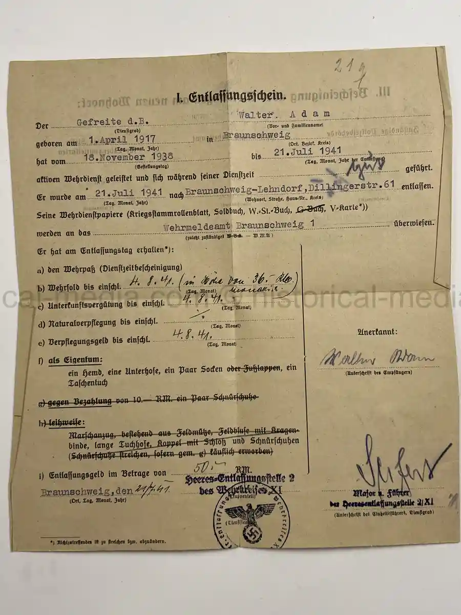 WEHRPASS – WALTER ADAM - 60. + 8. INFANTERIE DIVISION - POLENFELDZUG – WESTFELDZUG – VOLKSSTURM 1944