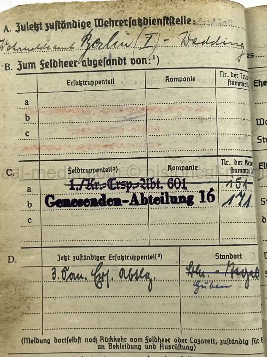 SOLDBUCH – LOTHAR SCHMIDT – SANITÄTS-STABSGEFREITER – KRANKEN-TRANSPORT-ABTEILUNG 601 – EASTERN FRONT MEDICAL SERVICE - PANZER TUNIC ID PHOTO