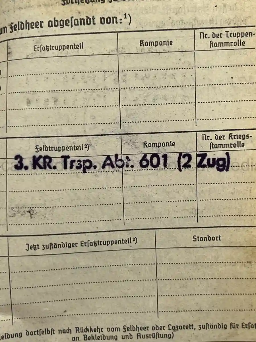 SOLDBUCH – LOTHAR SCHMIDT – SANITÄTS-STABSGEFREITER – KRANKEN-TRANSPORT-ABTEILUNG 601 – EASTERN FRONT MEDICAL SERVICE - PANZER TUNIC ID PHOTO