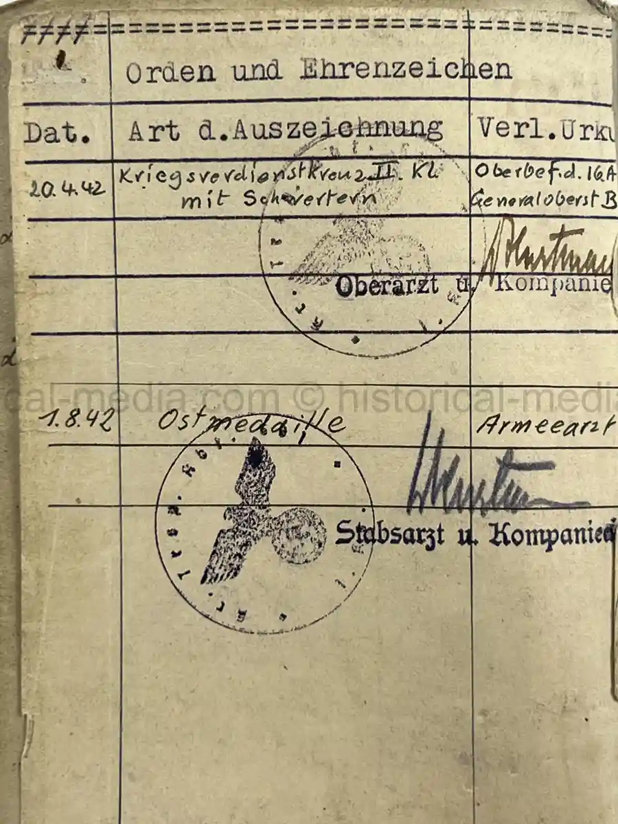 SOLDBUCH – LOTHAR SCHMIDT – SANITÄTS-STABSGEFREITER – KRANKEN-TRANSPORT-ABTEILUNG 601 – EASTERN FRONT MEDICAL SERVICE - PANZER TUNIC ID PHOTO