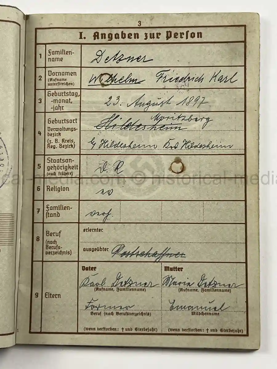WEHRPASS – WILHELM DETZNER – OBERGEFREITER – 4. PANZER-DIVISION – 1939 POLAND CAMPAIGN