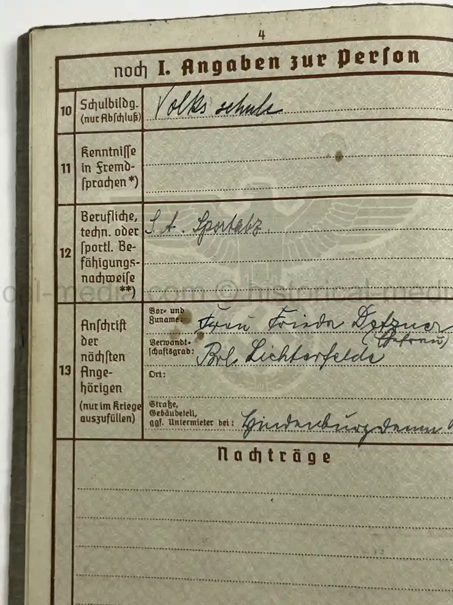 WEHRPASS – WILHELM DETZNER – OBERGEFREITER – 4. PANZER-DIVISION – 1939 POLAND CAMPAIGN