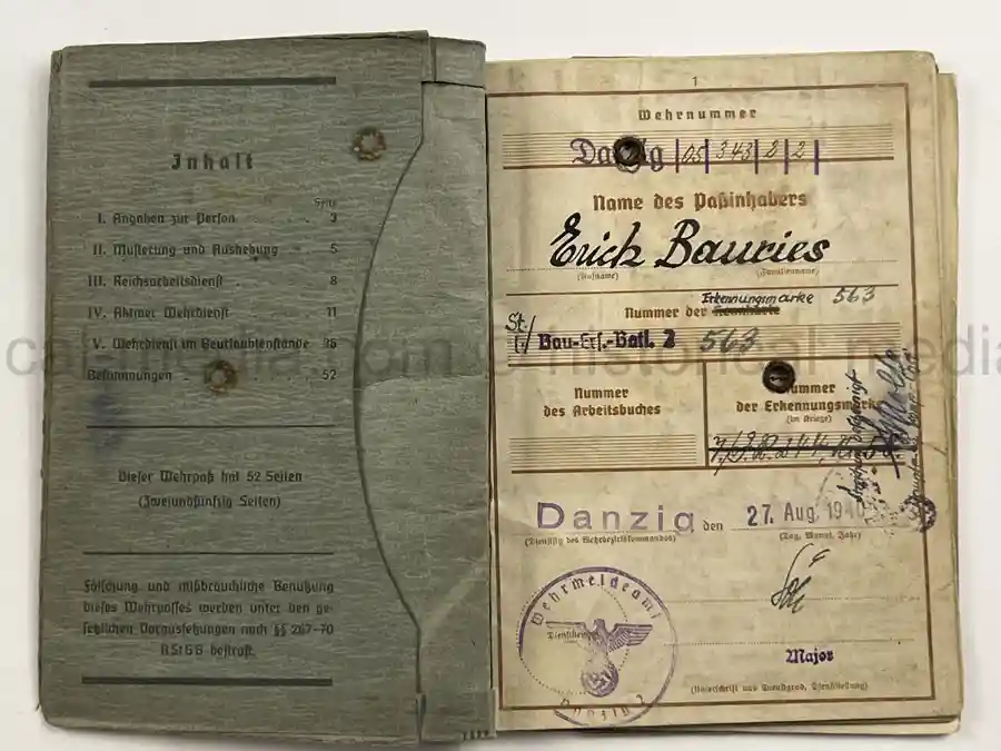 WEHRPASS – ERICH BAURIES – PIONIER-ZUG DER LANDESPOLIZEI DANZIG – WESTERPLATTE – 60. INFANTERIE-DIVISION