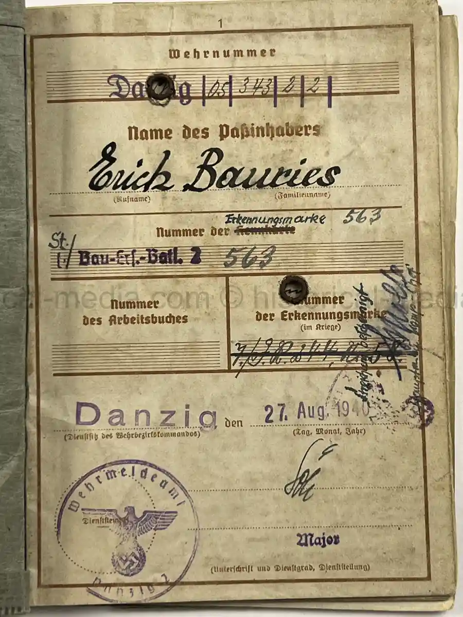 WEHRPASS – ERICH BAURIES – PIONIER-ZUG DER LANDESPOLIZEI DANZIG – WESTERPLATTE – 60. INFANTERIE-DIVISION
