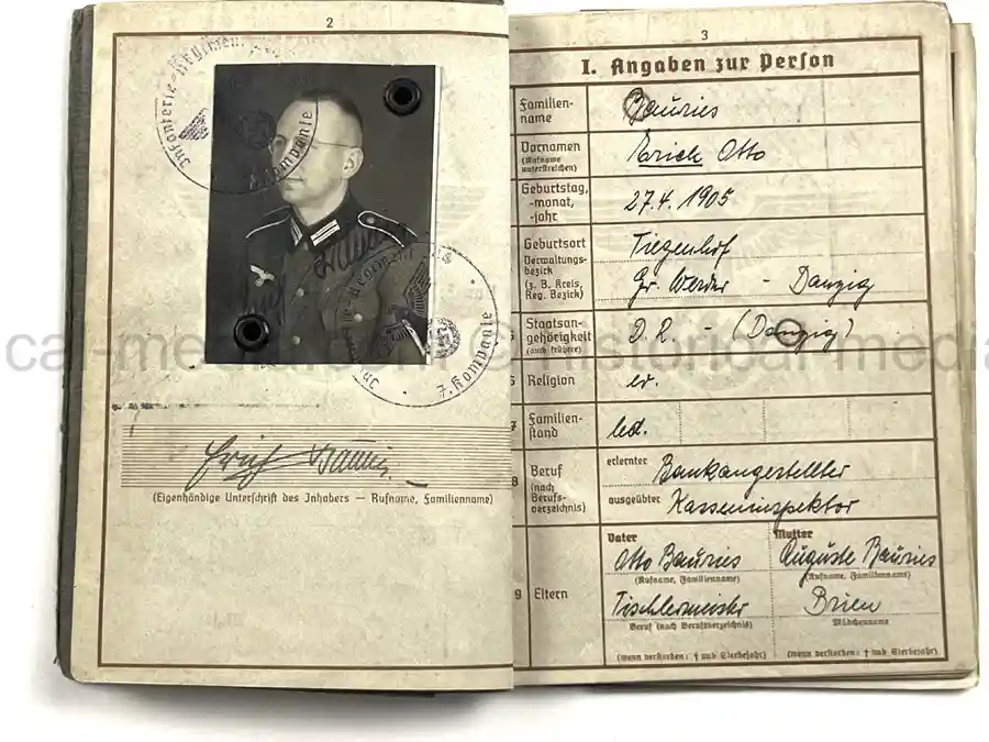 WEHRPASS – ERICH BAURIES – PIONIER-ZUG DER LANDESPOLIZEI DANZIG – WESTERPLATTE – 60. INFANTERIE-DIVISION