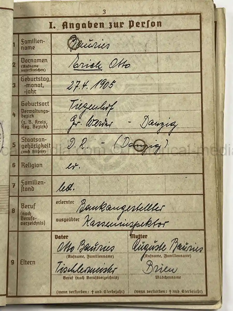 WEHRPASS – ERICH BAURIES – PIONIER-ZUG DER LANDESPOLIZEI DANZIG – WESTERPLATTE – 60. INFANTERIE-DIVISION