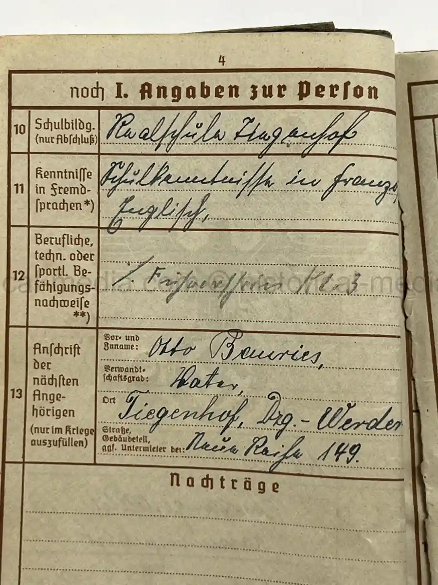 WEHRPASS – ERICH BAURIES – PIONIER-ZUG DER LANDESPOLIZEI DANZIG – WESTERPLATTE – 60. INFANTERIE-DIVISION