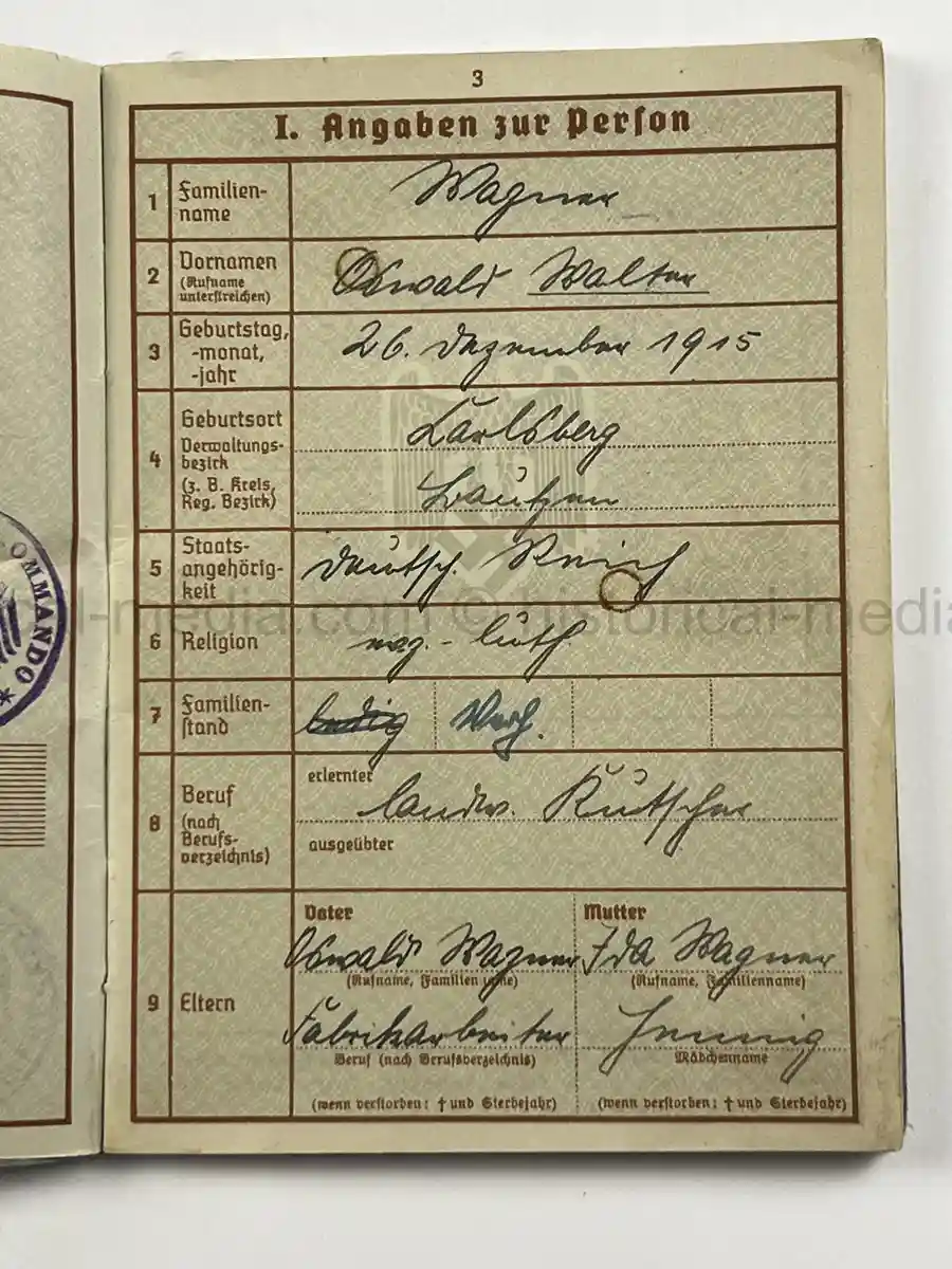 WEHRPASS – RUDOLF SASSE – ARTILLERIE-REGIMENT 229 (197. INF.-DIV.) – KIA MAY 8, 1944