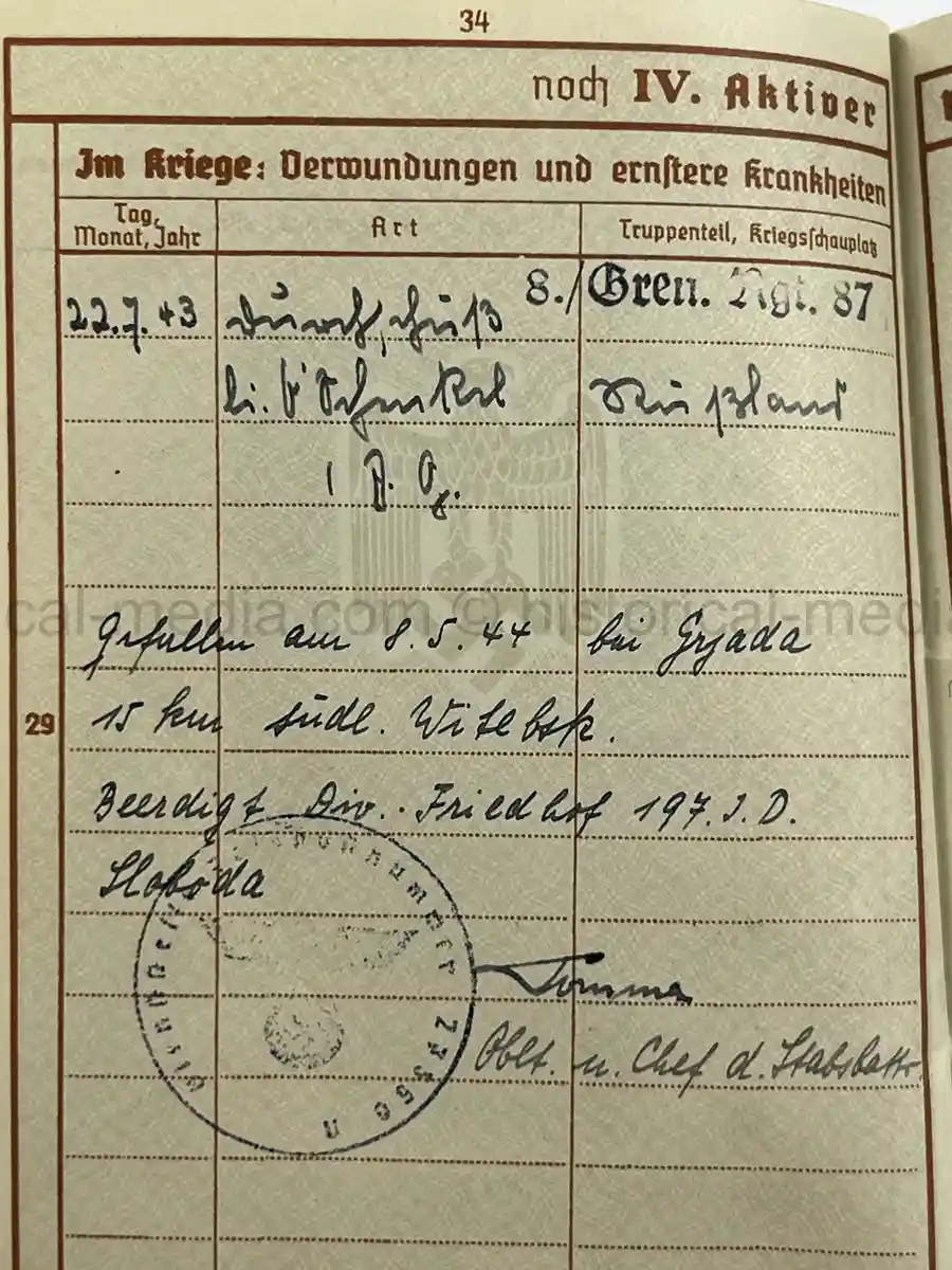 WEHRPASS – RUDOLF SASSE – ARTILLERIE-REGIMENT 229 (197. INF.-DIV.) – KIA MAY 8, 1944