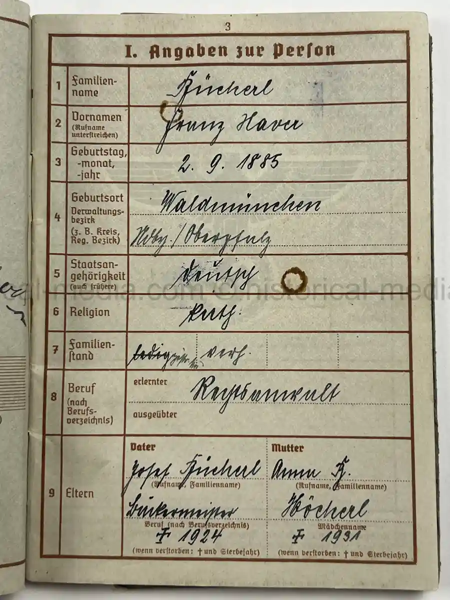 WEHRPASS – FRANZ XAVER BÜCHERL – FREIKORPS EPP / BAYERISCHE SCHÜTZENBRIGADE 21