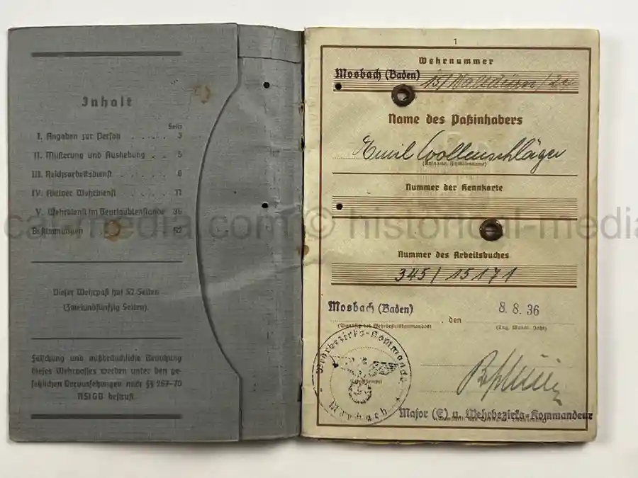 WEHRPASS – EMIL WOLLENSCHLÄGER – 17. INFANTERIE-DIVISION / 12. PANZER-DIVISION – KIA 2 OCTOBER 1943