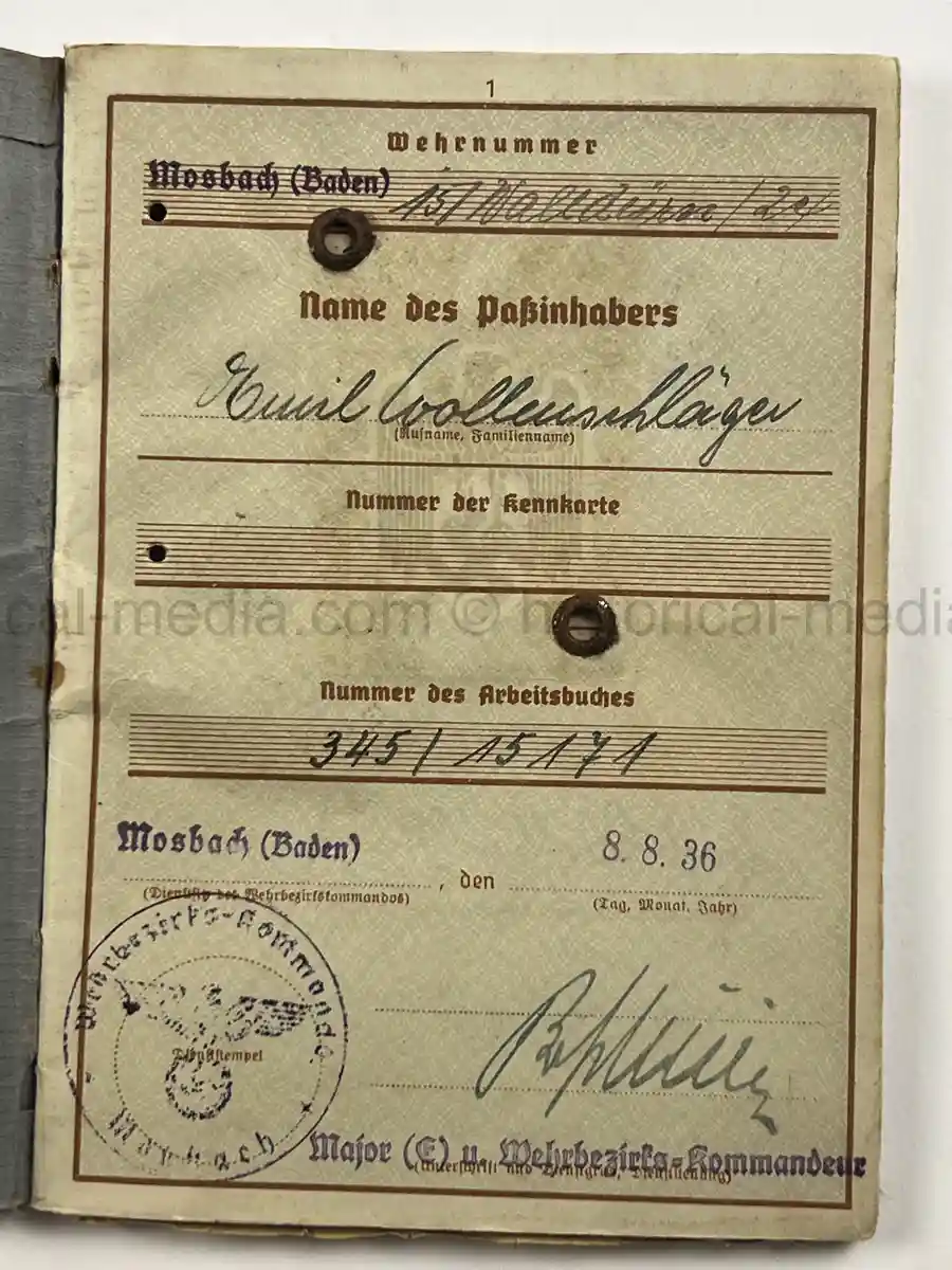 WEHRPASS – EMIL WOLLENSCHLÄGER – 17. INFANTERIE-DIVISION / 12. PANZER-DIVISION – KIA 2 OCTOBER 1943