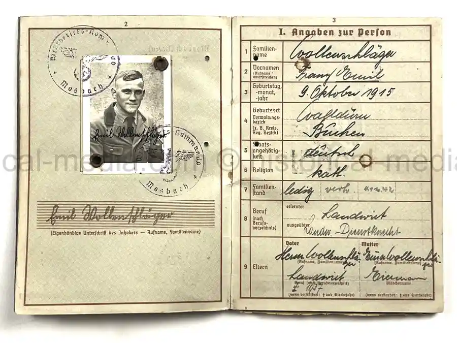 WEHRPASS – EMIL WOLLENSCHLÄGER – 17. INFANTERIE-DIVISION / 12. PANZER-DIVISION – KIA 2 OCTOBER 1943