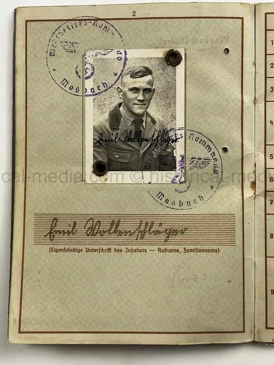 WEHRPASS – EMIL WOLLENSCHLÄGER – 17. INFANTERIE-DIVISION / 12. PANZER-DIVISION – KIA 2 OCTOBER 1943