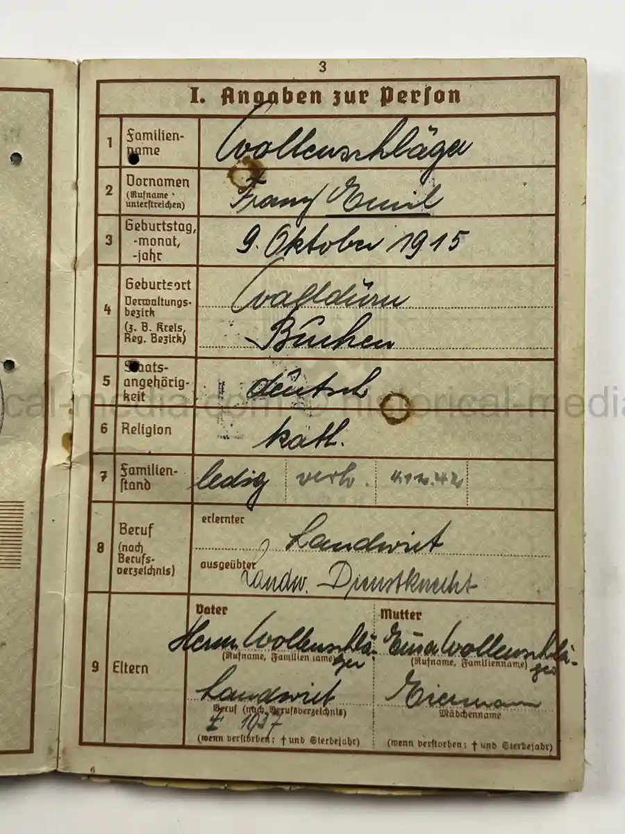 WEHRPASS – EMIL WOLLENSCHLÄGER – 17. INFANTERIE-DIVISION / 12. PANZER-DIVISION – KIA 2 OCTOBER 1943