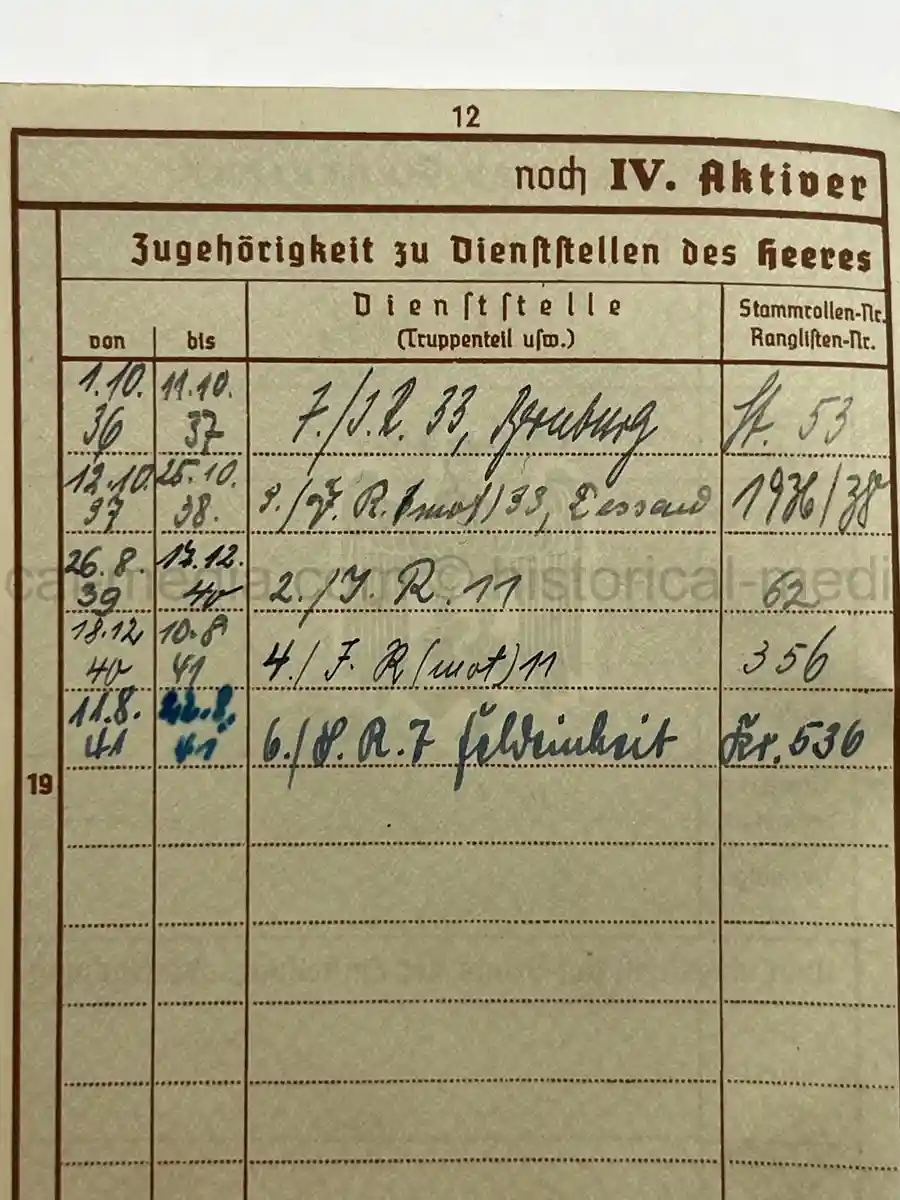 WEHRPASS - OBERSCHÜTZE HERBERT LAUE - INFANTERIE-REGIMENT (MOT.) 33 - 4. PANZER-DIVISION – POLAND, FRANCE, RUSSIA - KIA 22 AUGUST 1941