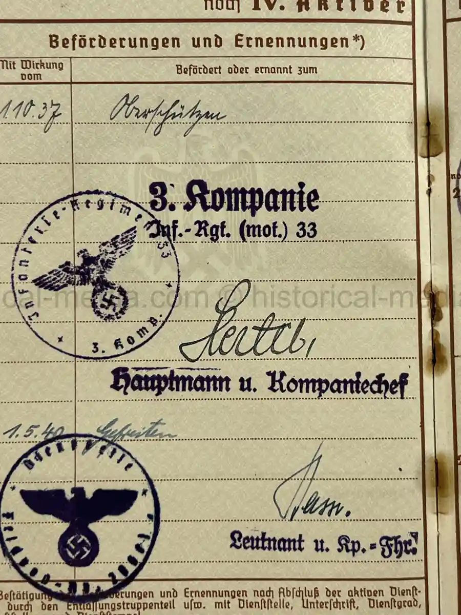 WEHRPASS - OBERSCHÜTZE HERBERT LAUE - INFANTERIE-REGIMENT (MOT.) 33 - 4. PANZER-DIVISION – POLAND, FRANCE, RUSSIA - KIA 22 AUGUST 1941