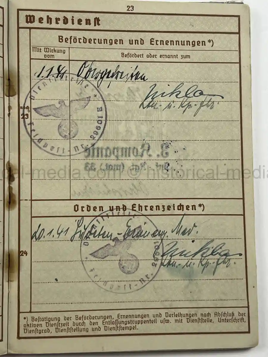 WEHRPASS - OBERSCHÜTZE HERBERT LAUE - INFANTERIE-REGIMENT (MOT.) 33 - 4. PANZER-DIVISION – POLAND, FRANCE, RUSSIA - KIA 22 AUGUST 1941