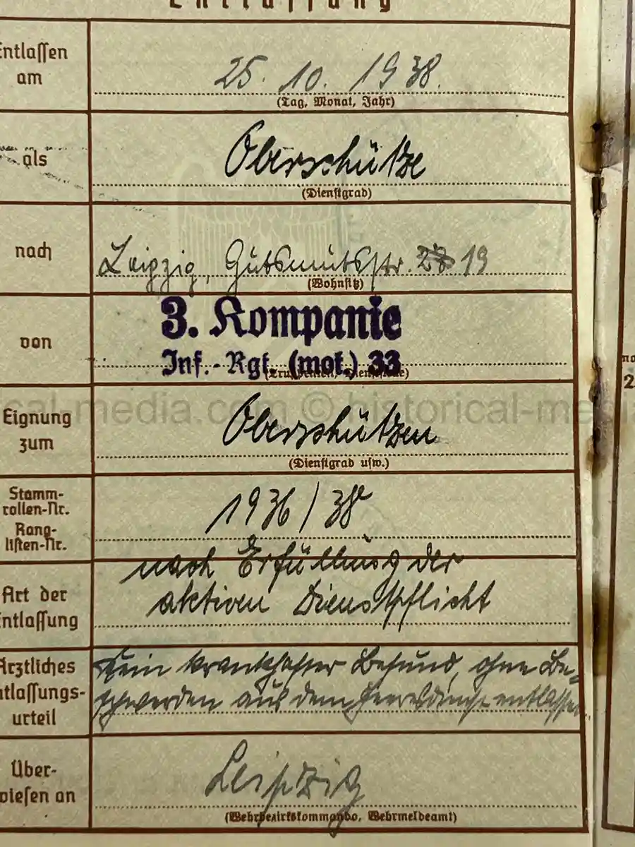 WEHRPASS - OBERSCHÜTZE HERBERT LAUE - INFANTERIE-REGIMENT (MOT.) 33 - 4. PANZER-DIVISION – POLAND, FRANCE, RUSSIA - KIA 22 AUGUST 1941
