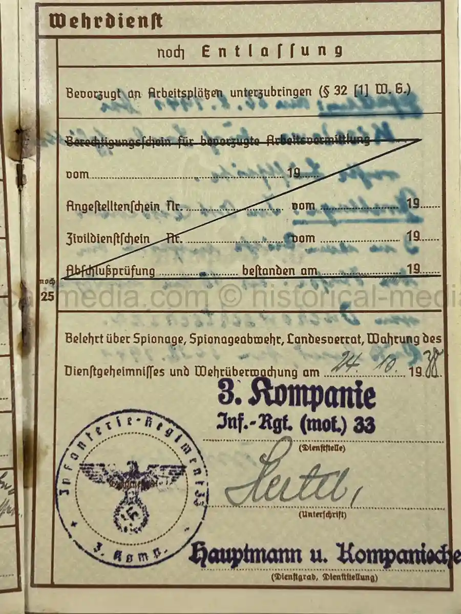 WEHRPASS - OBERSCHÜTZE HERBERT LAUE - INFANTERIE-REGIMENT (MOT.) 33 - 4. PANZER-DIVISION – POLAND, FRANCE, RUSSIA - KIA 22 AUGUST 1941
