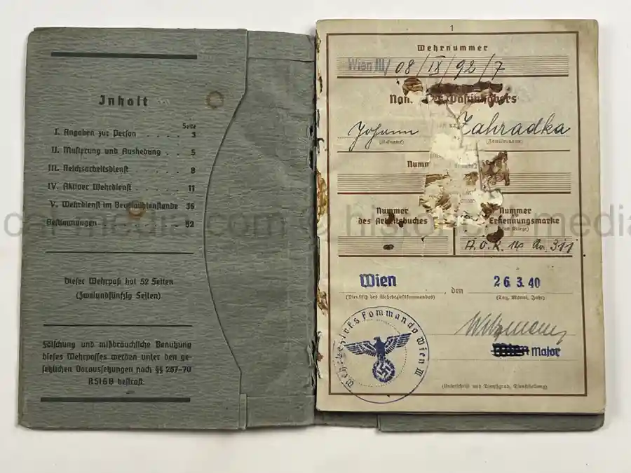WEHRPASS – JOHANN ZAHRADKA – AOK 12 - POLAND, FRANCE, BALKAN CAMPAIGNS