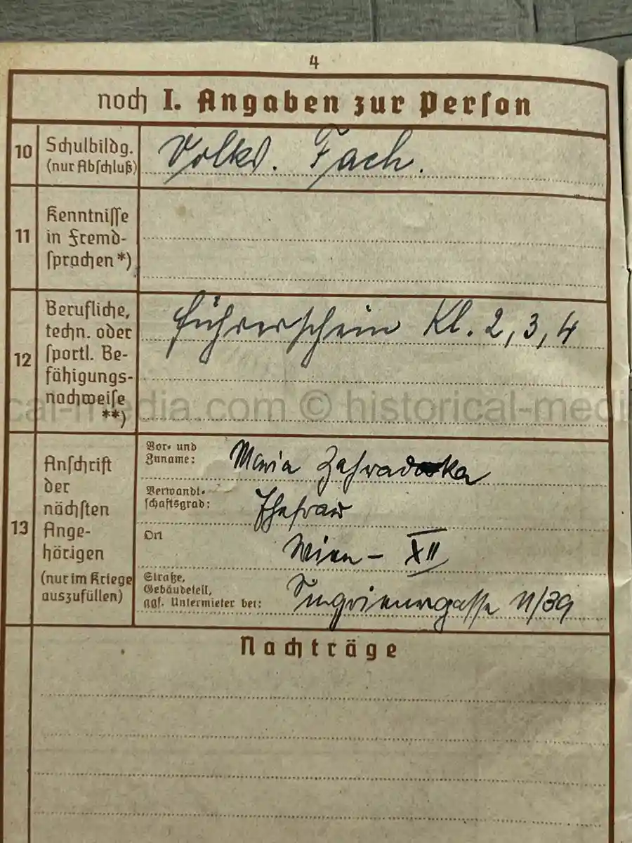 WEHRPASS – JOHANN ZAHRADKA – AOK 12 - POLAND, FRANCE, BALKAN CAMPAIGNS