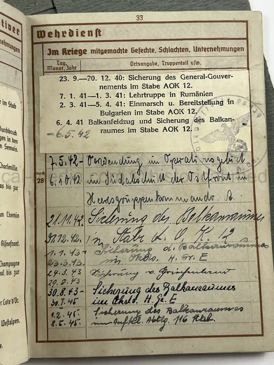 WEHRPASS – JOHANN ZAHRADKA – AOK 12 - POLAND, FRANCE, BALKAN CAMPAIGNS