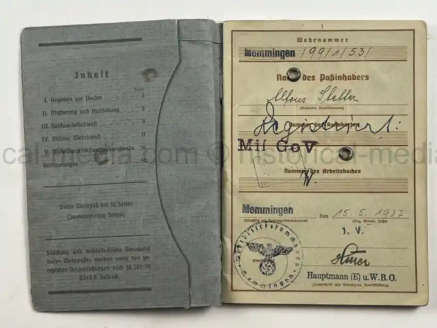 WEHRPASS – ALFONS STETTER – 1. GEBIRGS-DIVISION – POLAND CAMPAIGN – HINDENBURG CROSS URKUNDE