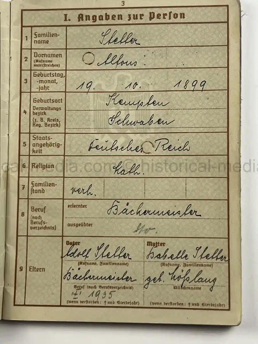 WEHRPASS – ALFONS STETTER – 1. GEBIRGS-DIVISION – POLAND CAMPAIGN – HINDENBURG CROSS URKUNDE