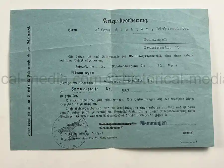 WEHRPASS – ALFONS STETTER – 1. GEBIRGS-DIVISION – POLAND CAMPAIGN – HINDENBURG CROSS URKUNDE