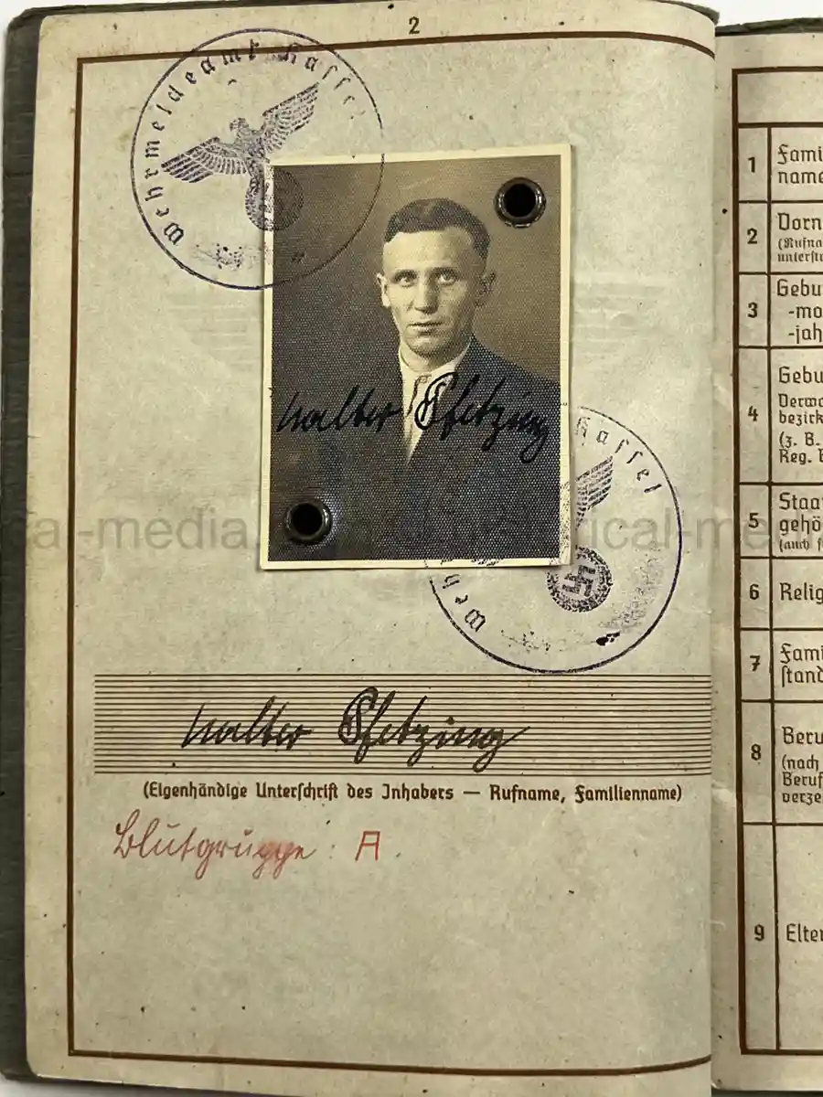 WEHRPASS – WALTER PFETZING – 29. INFANTERIE-DIVISION “FALKE” / 4. KAVALLERIE-DIVISION – POLAND, FRANCE & LATE-WAR EASTERN FRONT SERVICE