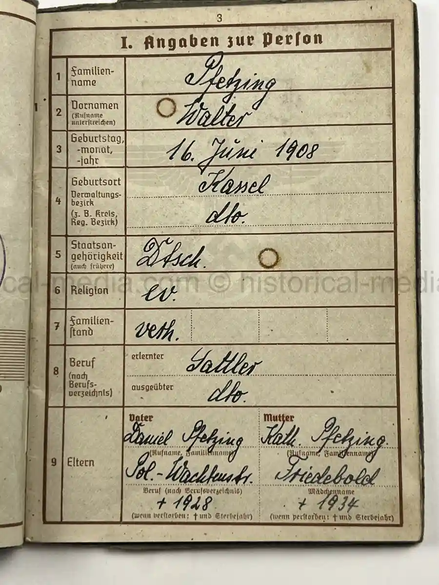 WEHRPASS – WALTER PFETZING – 29. INFANTERIE-DIVISION “FALKE” / 4. KAVALLERIE-DIVISION – POLAND, FRANCE & LATE-WAR EASTERN FRONT SERVICE