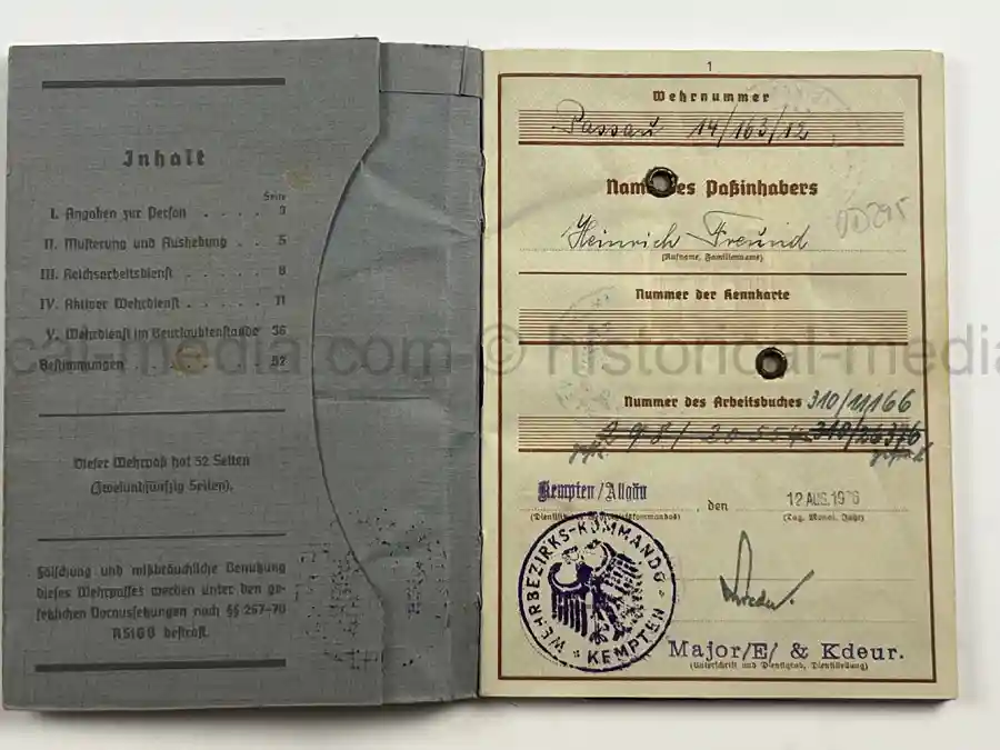 WEHRPASS – HEINRICH FREUND – 10. INFANTERIE-DIVISION – POLAND - KIA – BATTLE OF THE BZURA