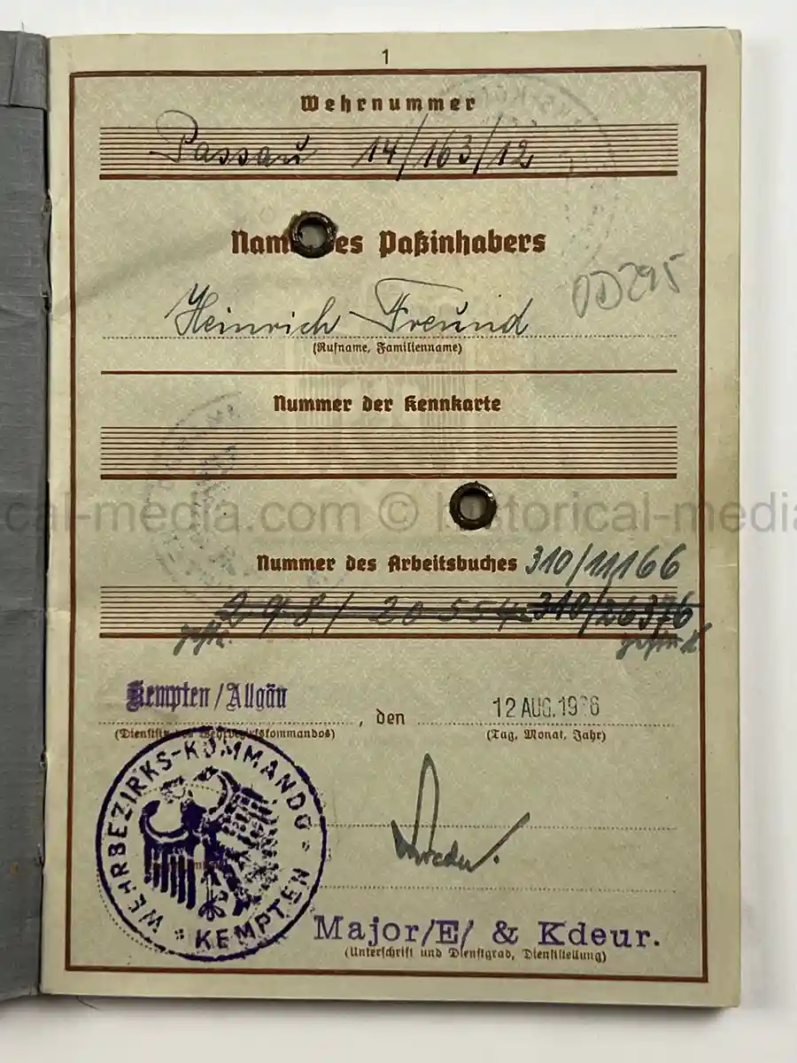 WEHRPASS – HEINRICH FREUND – 10. INFANTERIE-DIVISION – POLAND - KIA – BATTLE OF THE BZURA