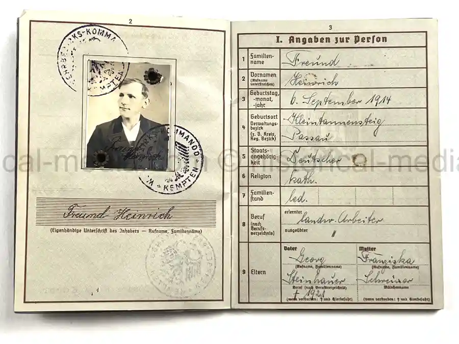WEHRPASS – HEINRICH FREUND – 10. INFANTERIE-DIVISION – POLAND - KIA – BATTLE OF THE BZURA