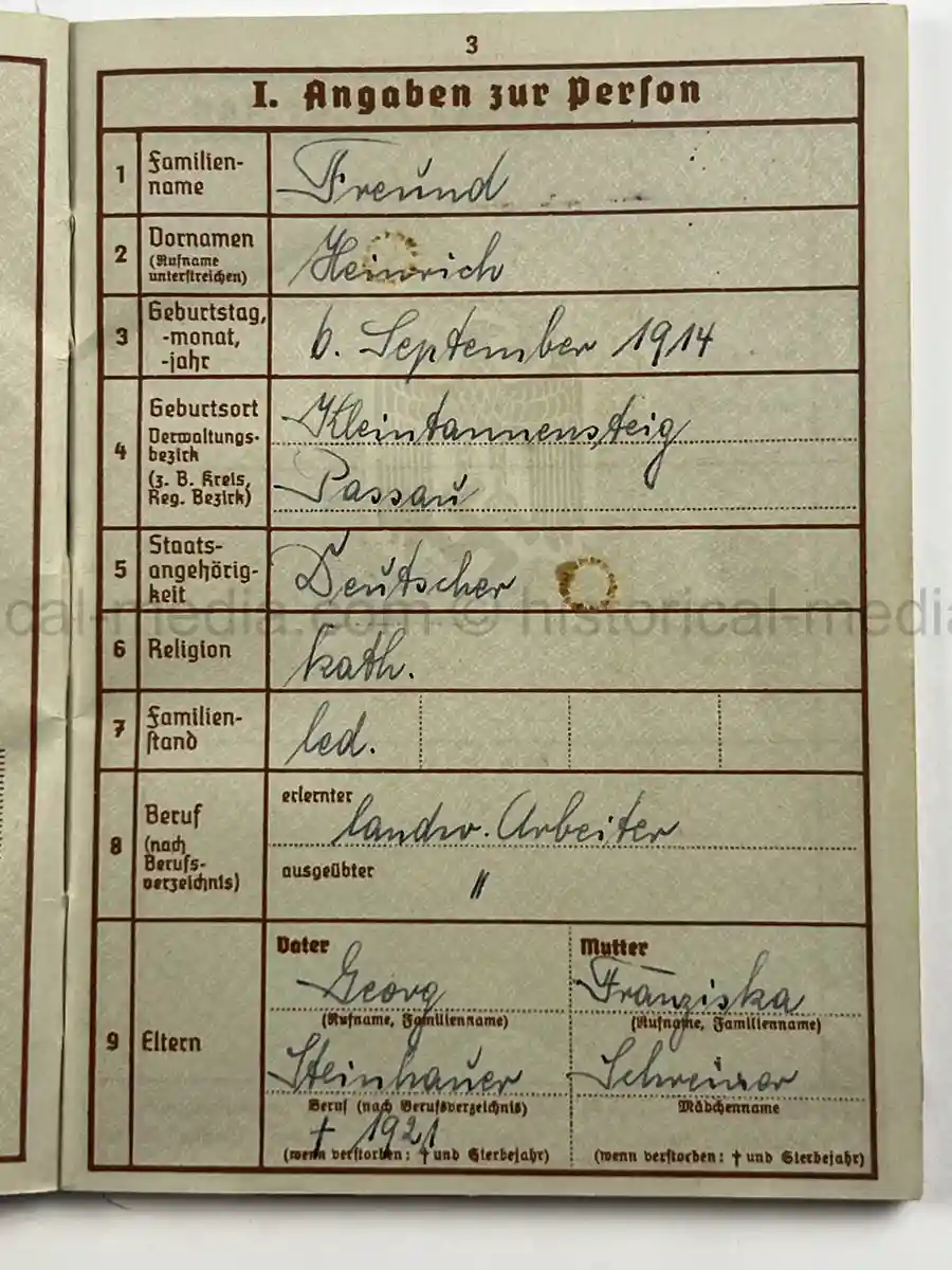WEHRPASS – HEINRICH FREUND – 10. INFANTERIE-DIVISION – POLAND - KIA – BATTLE OF THE BZURA