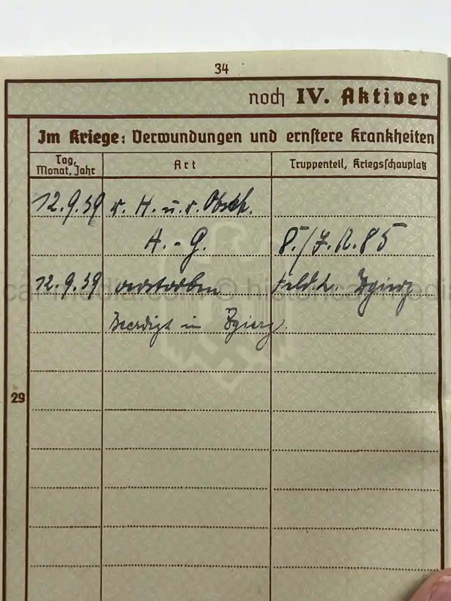 WEHRPASS – HEINRICH FREUND – 10. INFANTERIE-DIVISION – POLAND - KIA – BATTLE OF THE BZURA