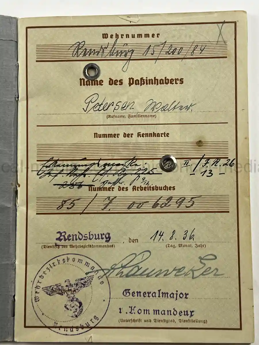 WEHRPASS – WALTER PETERSEN – 30. INFANTERIE-DIVISION – POLAND CAMPAIGN WIA + SIGNALS SERVICE - DENMARK & NORWAY - NARVIK
