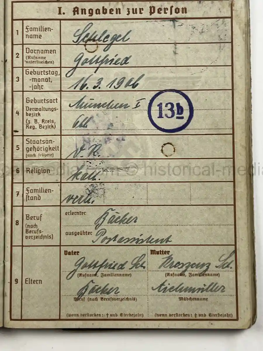 WEHRPASS & KENNKARTE GROUP – GOTTFRIED SCHLEGEL – 1. GEBIRGS-DIVISION - POLAND CAMPAIGN