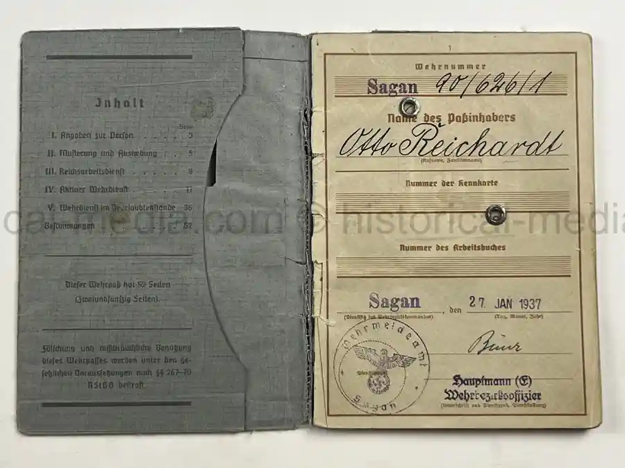 WEHRPASS – OTTO EDUARD REICHARDT – POLAND CAMPAIGN - VISTULA, MODLIN, WARSAW – STABSZAHLMEISTER