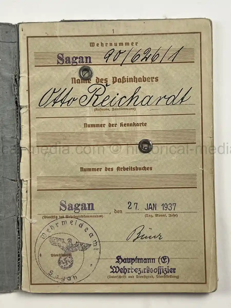 WEHRPASS – OTTO EDUARD REICHARDT – POLAND CAMPAIGN - VISTULA, MODLIN, WARSAW – STABSZAHLMEISTER
