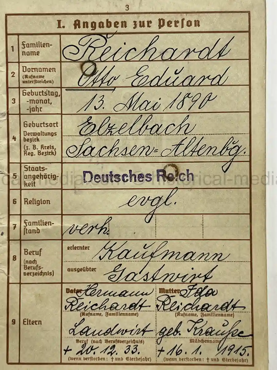 WEHRPASS – OTTO EDUARD REICHARDT – POLAND CAMPAIGN - VISTULA, MODLIN, WARSAW – STABSZAHLMEISTER