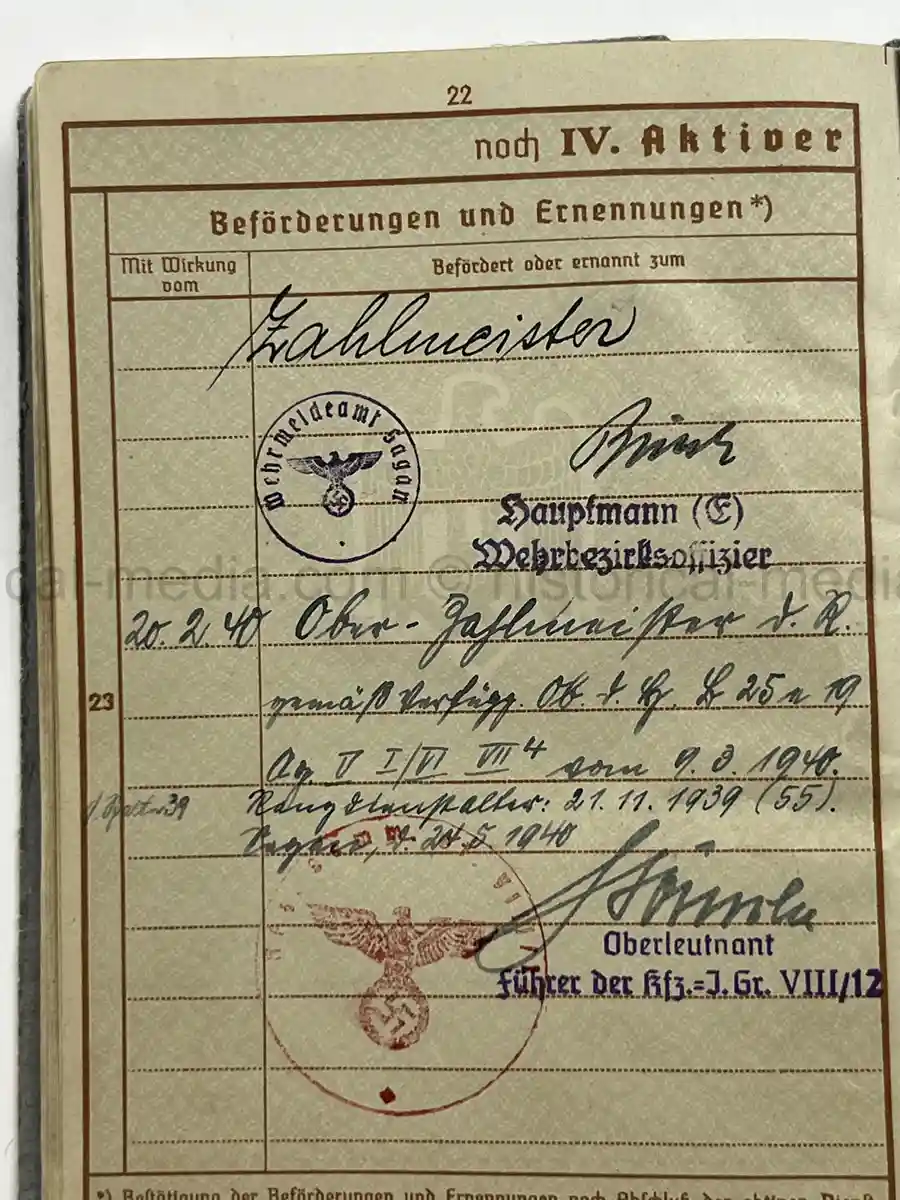 WEHRPASS – OTTO EDUARD REICHARDT – POLAND CAMPAIGN - VISTULA, MODLIN, WARSAW – STABSZAHLMEISTER