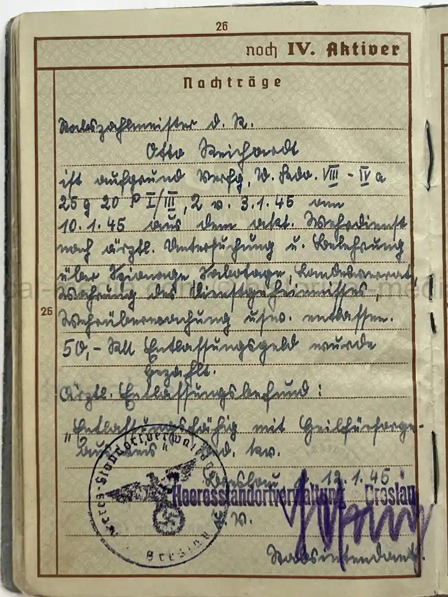 WEHRPASS – OTTO EDUARD REICHARDT – POLAND CAMPAIGN - VISTULA, MODLIN, WARSAW – STABSZAHLMEISTER