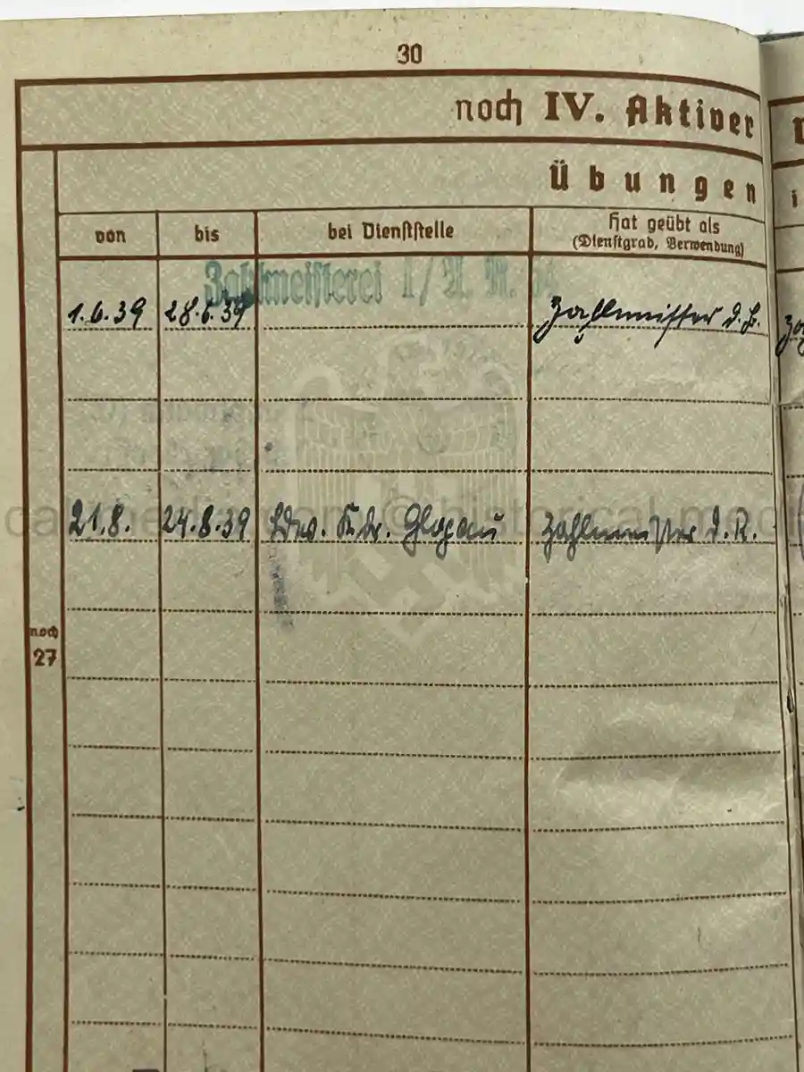 WEHRPASS – OTTO EDUARD REICHARDT – POLAND CAMPAIGN - VISTULA, MODLIN, WARSAW – STABSZAHLMEISTER