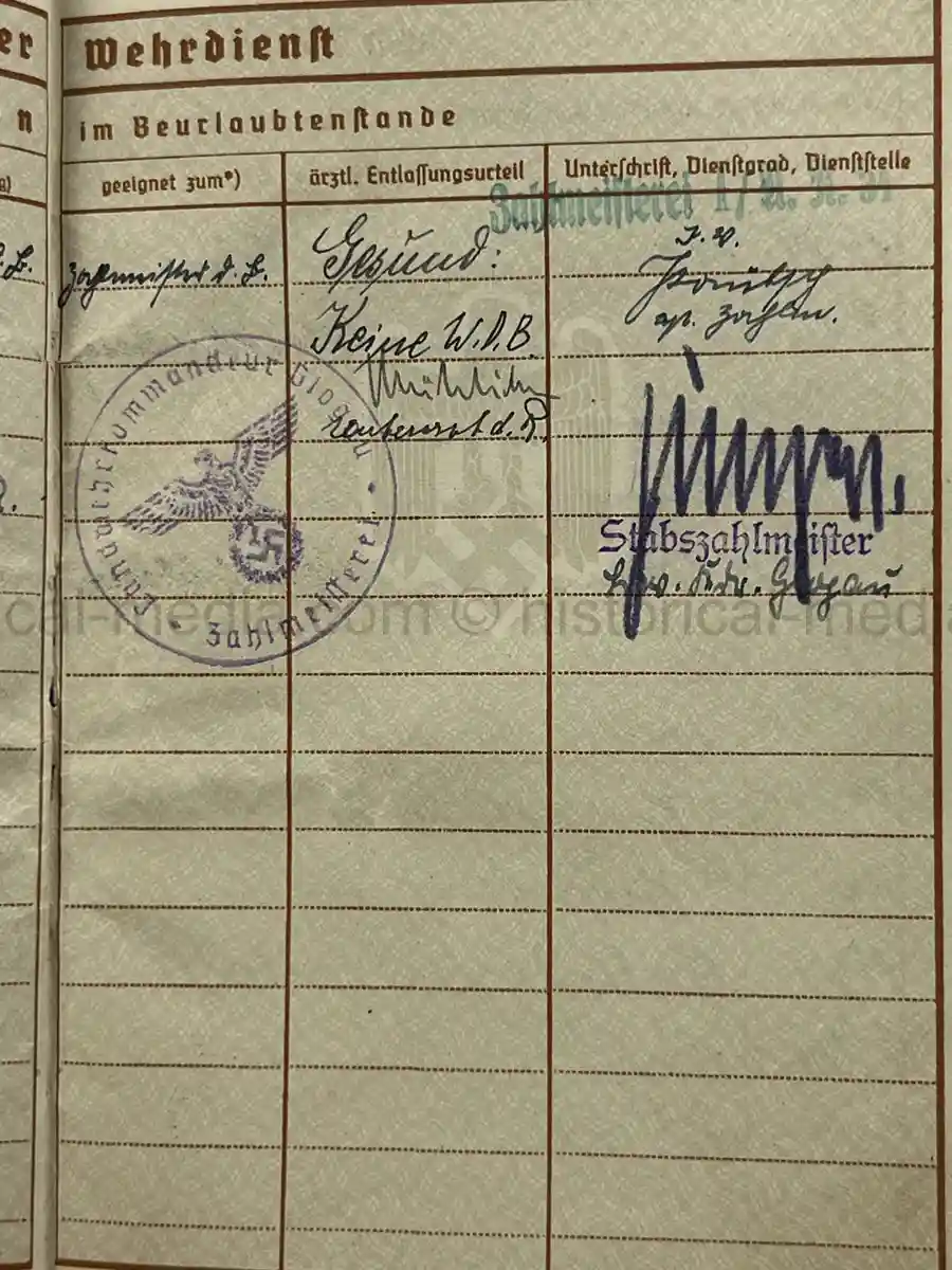 WEHRPASS – OTTO EDUARD REICHARDT – POLAND CAMPAIGN - VISTULA, MODLIN, WARSAW – STABSZAHLMEISTER